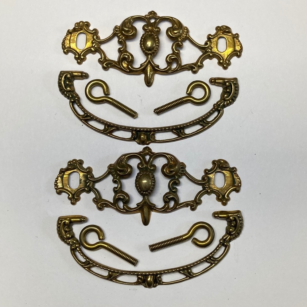 Set Of 2 Ornate Brass Bail Pull 3" Center Victorian Style With screws